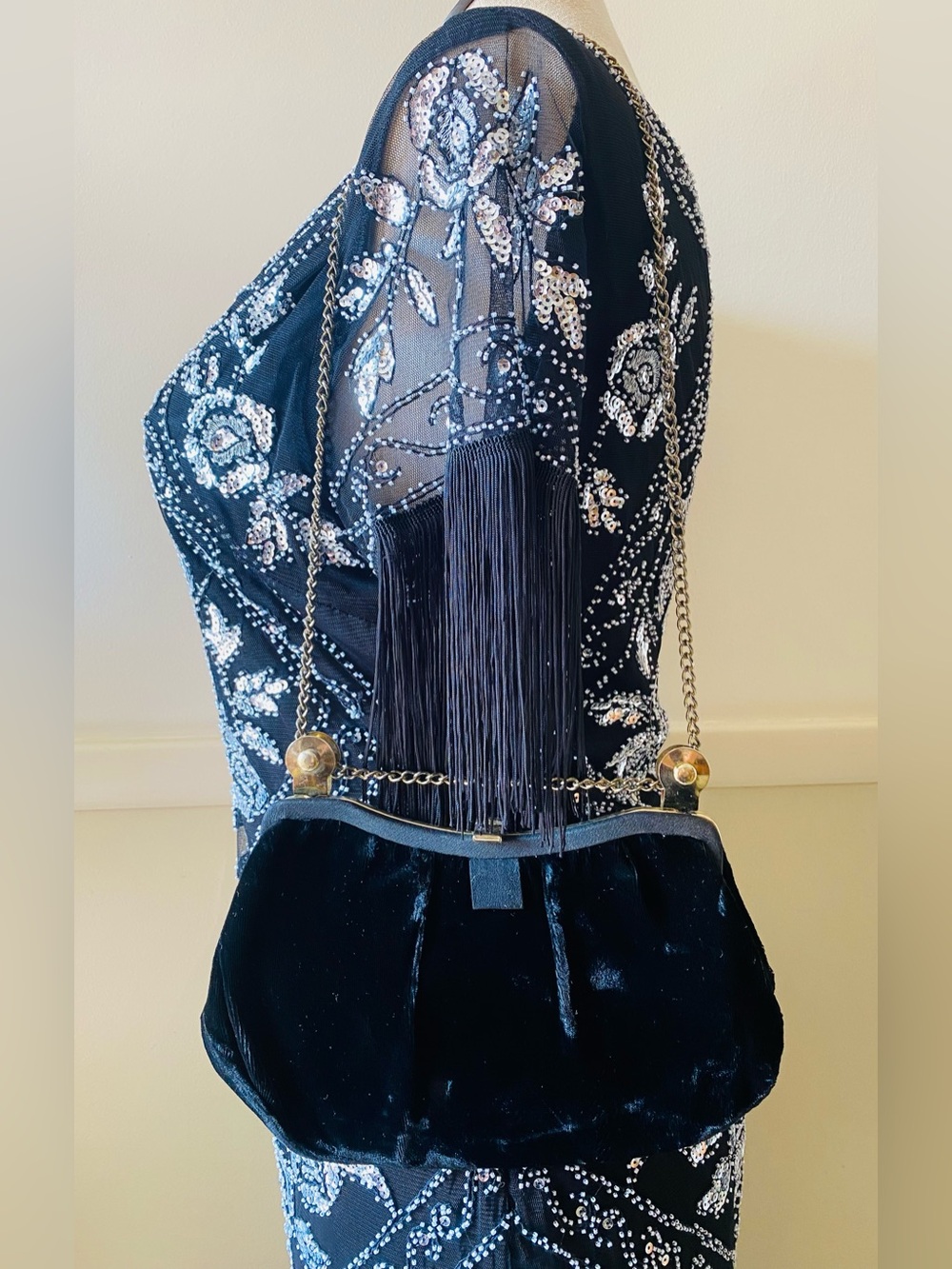 Vintage Black Velvet Chain-Handle Evening Bag with Gold Hardware